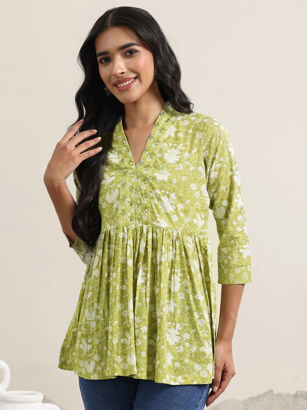 Libas Green Printed Cotton Anarkali Kurti