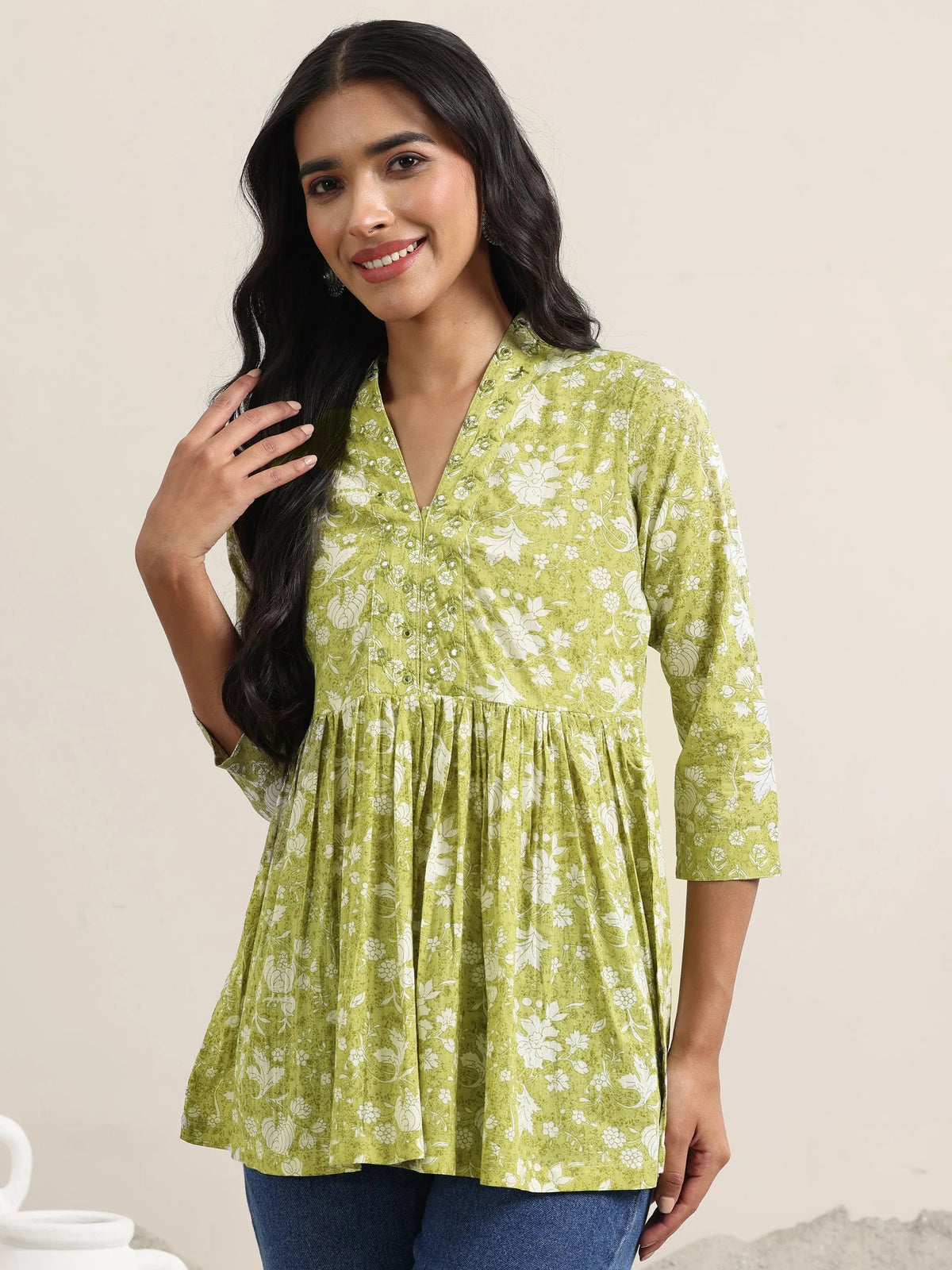 Libas Green Printed Cotton Anarkali Kurti