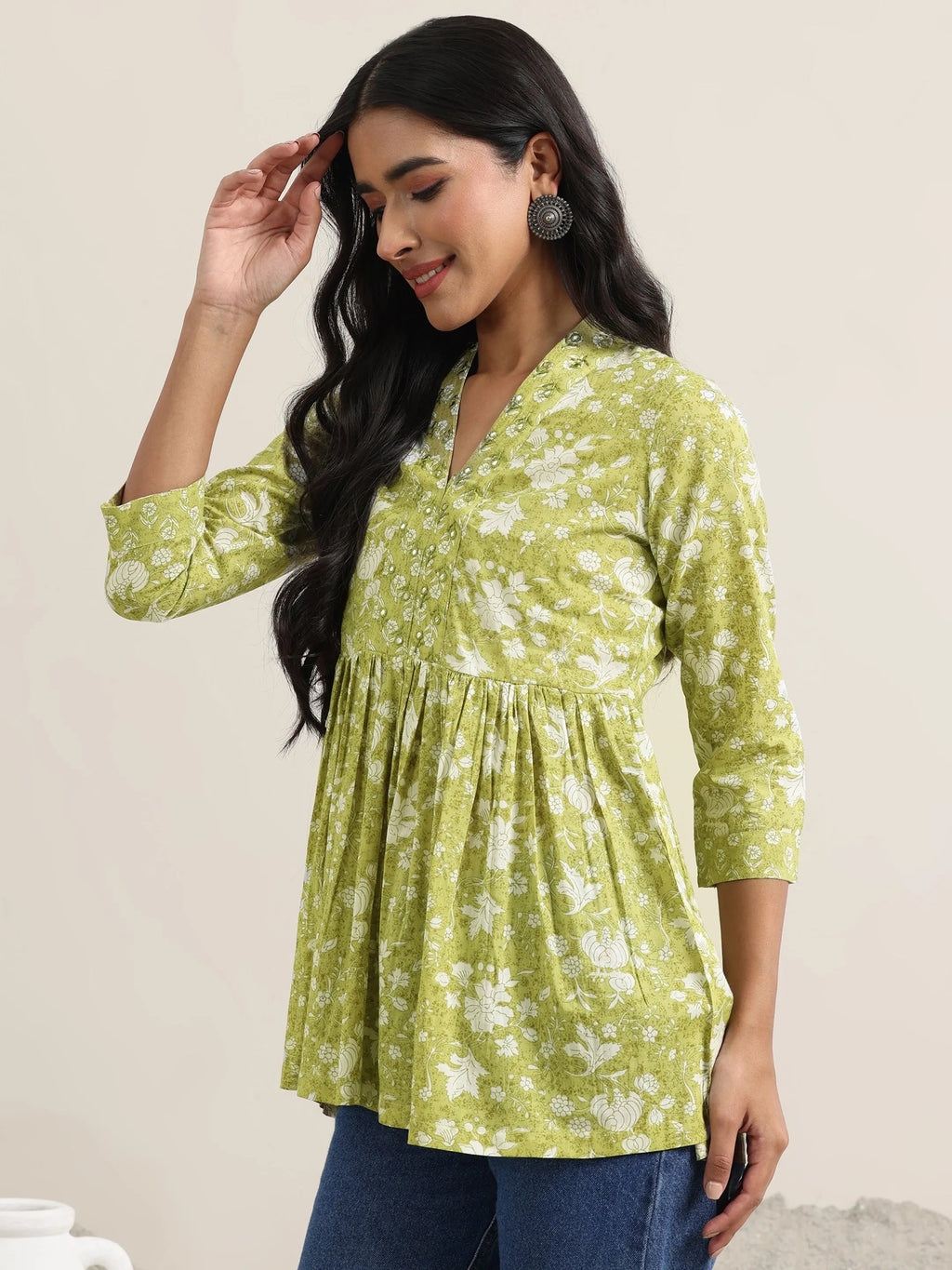 Libas Green Printed Cotton Anarkali Kurti