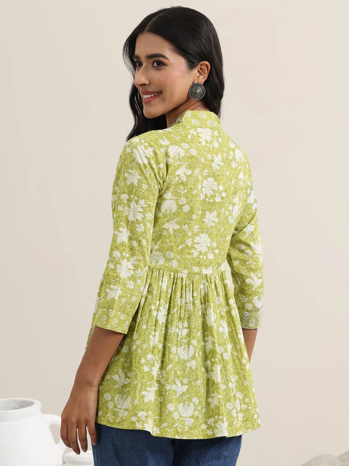 Libas Green Printed Cotton Anarkali Kurti