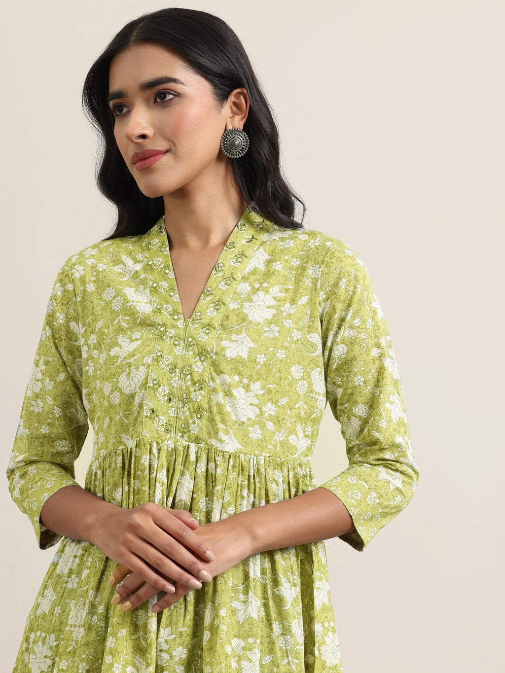 Libas Green Printed Cotton Anarkali Kurti