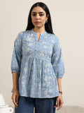 Libas Blue Printed Cotton Anarkali Kurti