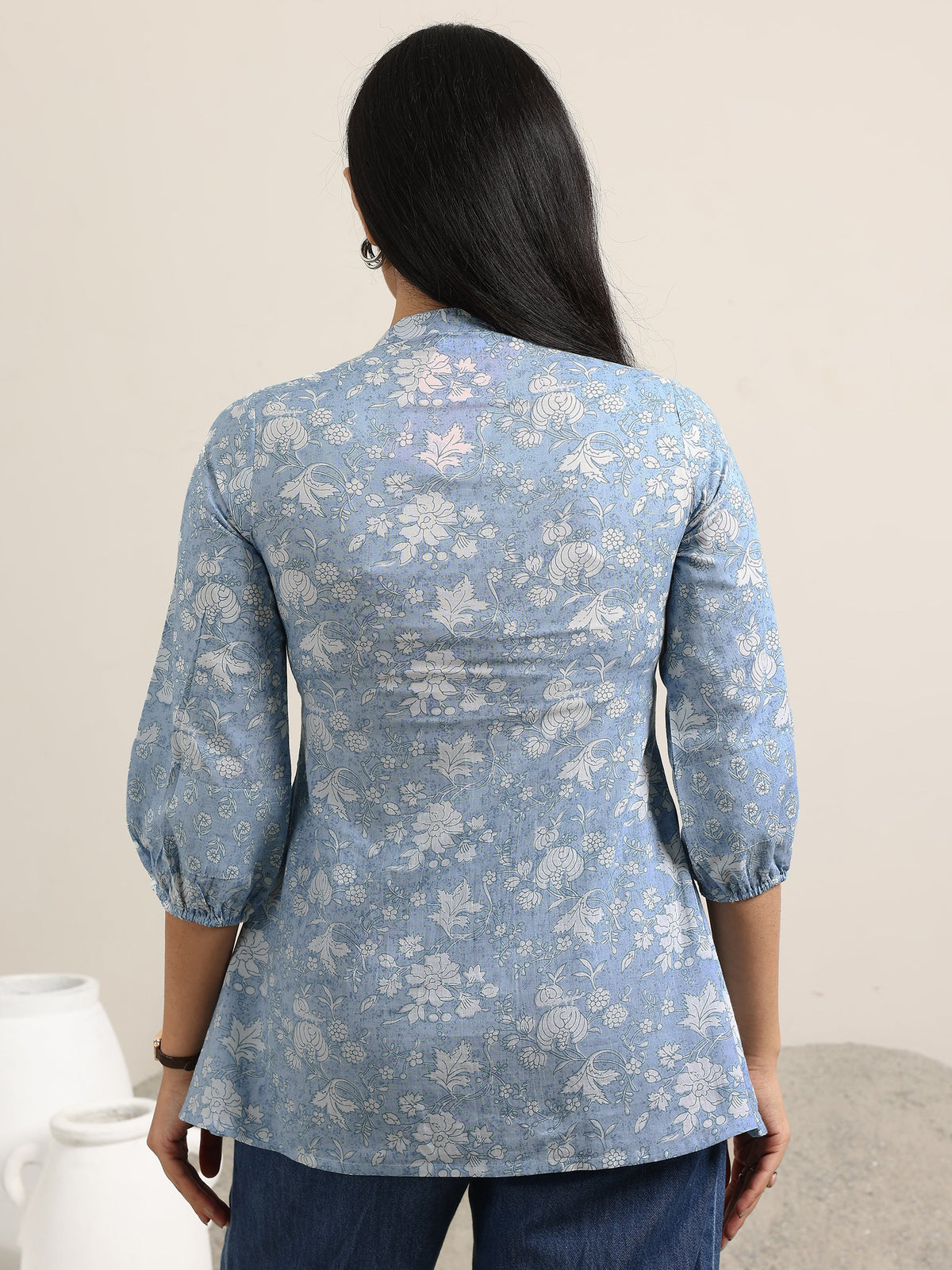 Libas Blue Printed Cotton Anarkali Kurti