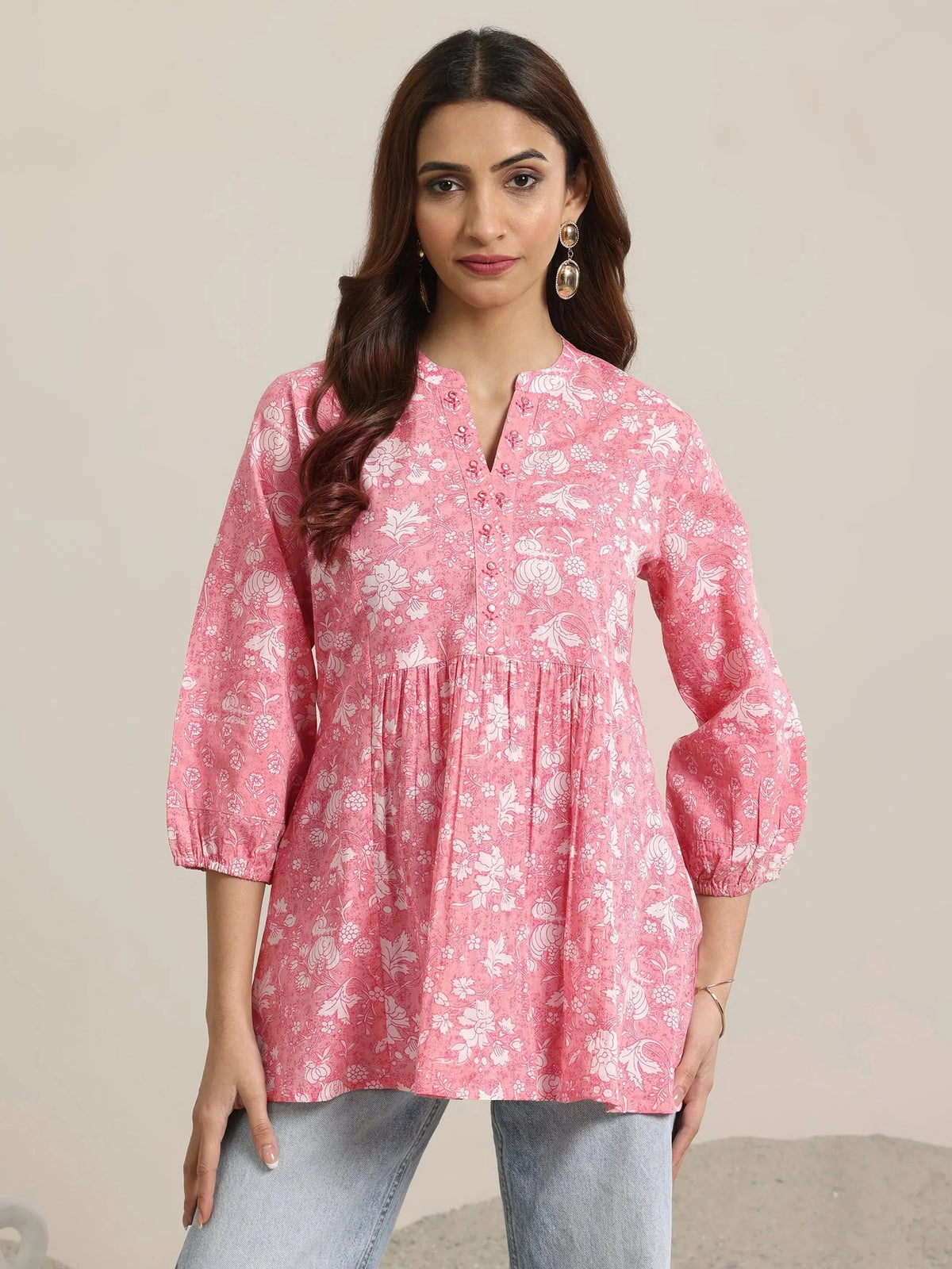 Libas Pink Printed Cotton Anarkali Short Kurti