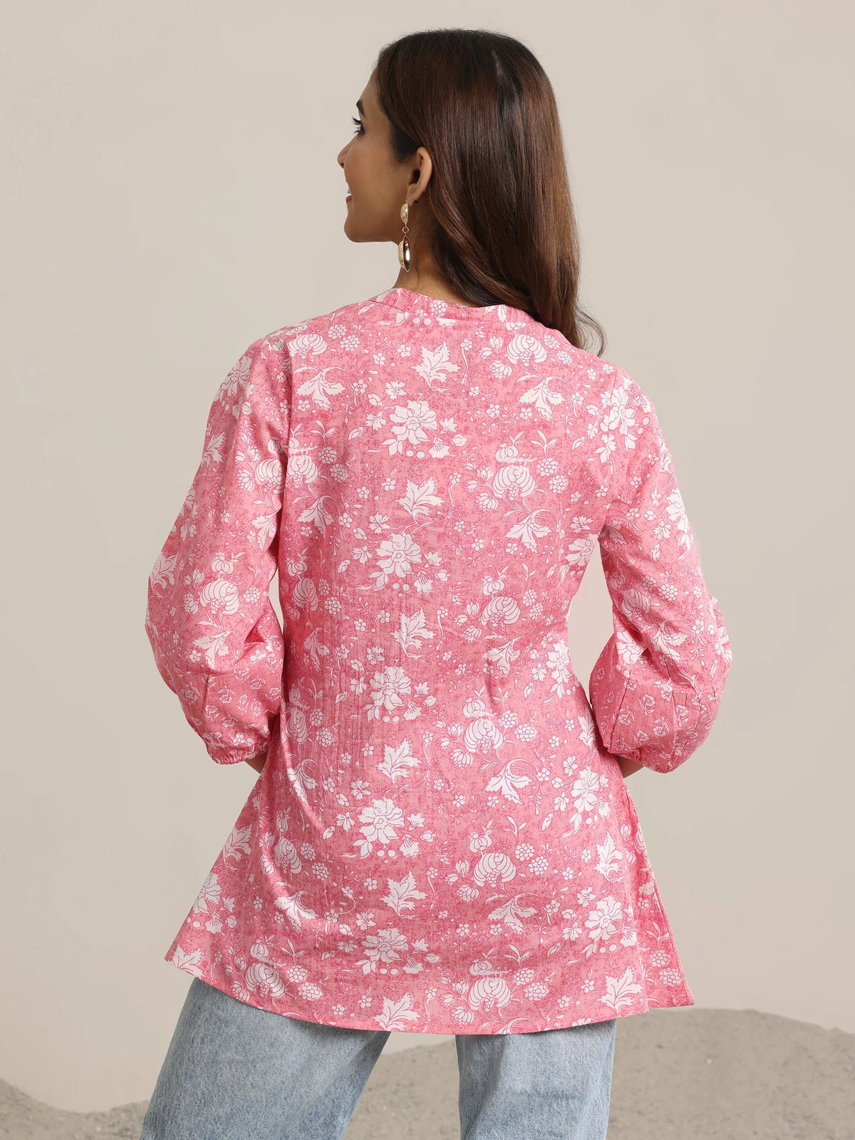 Libas Pink Printed Cotton Anarkali Short Kurti