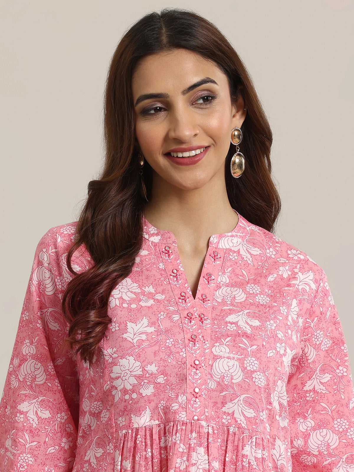 Libas Pink Printed Cotton Anarkali Short Kurti