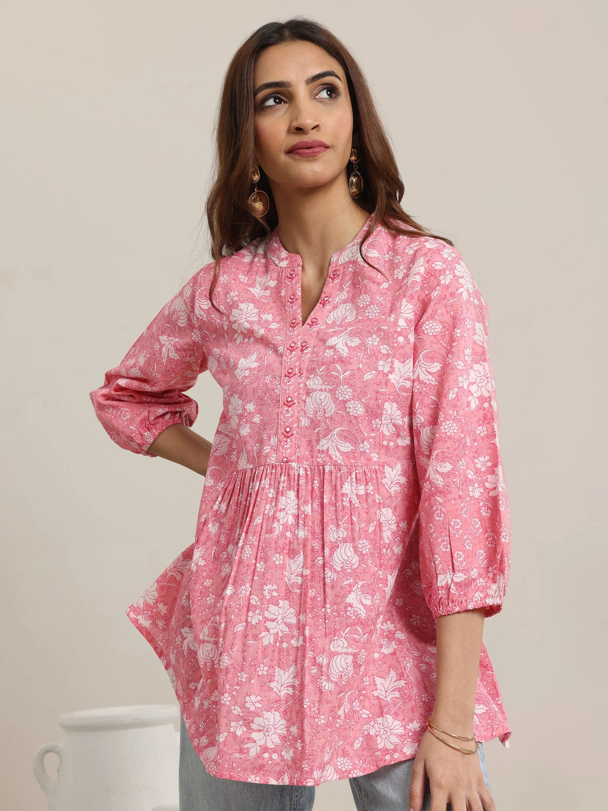 Libas Pink Printed Cotton Anarkali Short Kurti