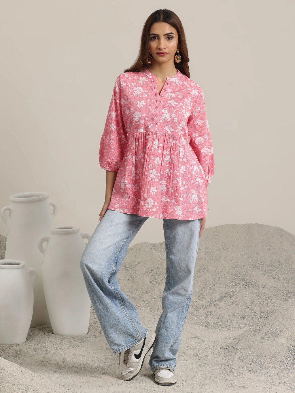 Libas Pink Printed Cotton Anarkali Short Kurti