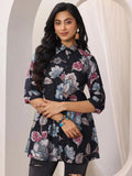 Libas Black Printed Silk Blend Straight Short Kurti