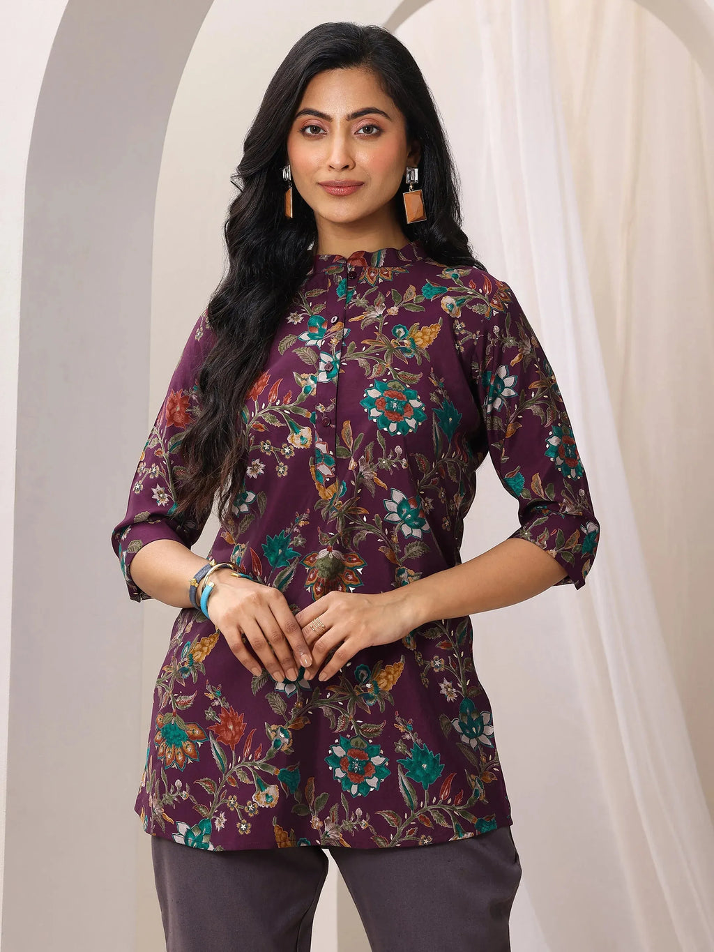 Libas Burgundy Printed Silk Blend Straight Short Kurti