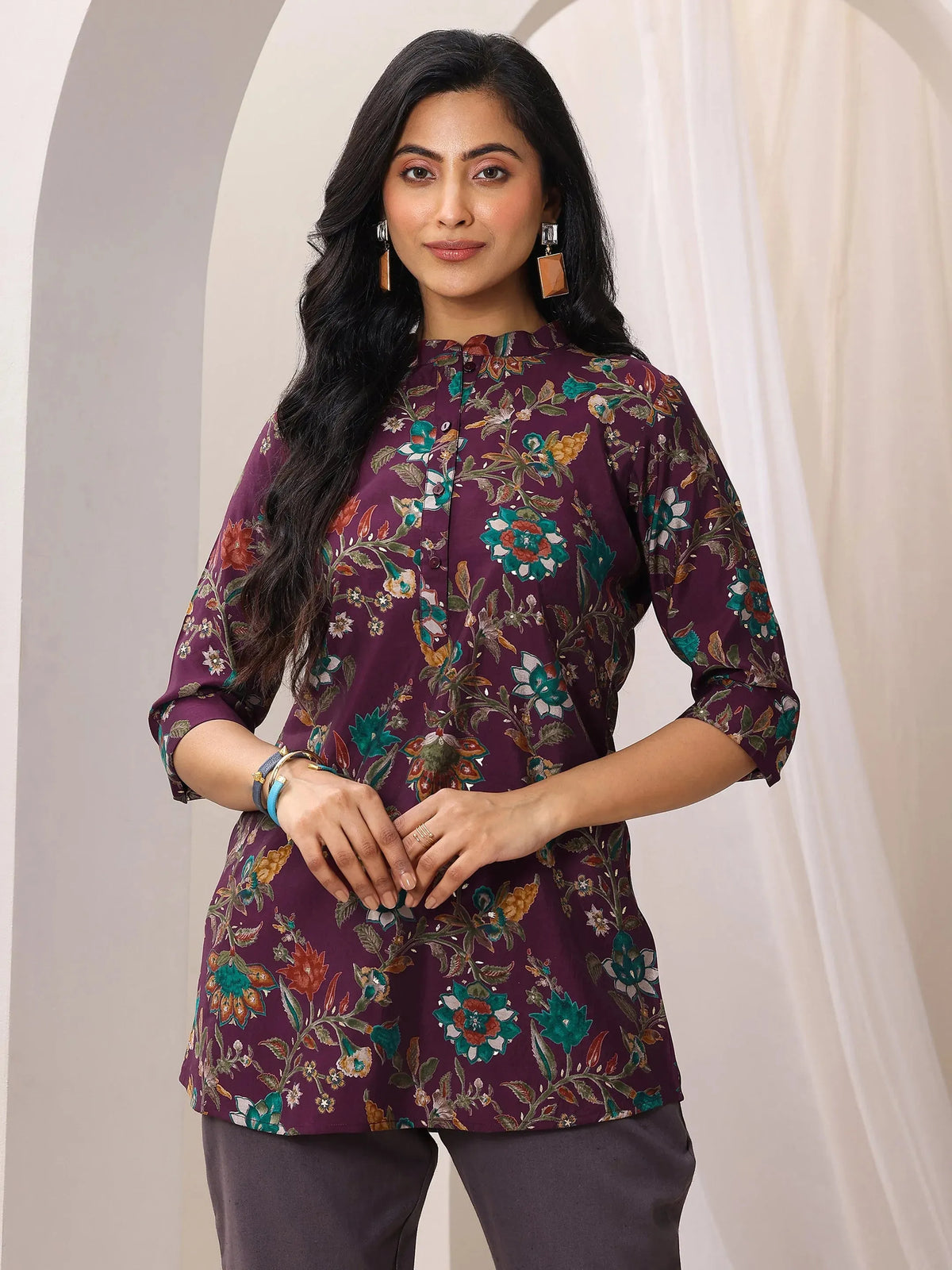 Libas Burgundy Printed Silk Blend Straight Short Kurti