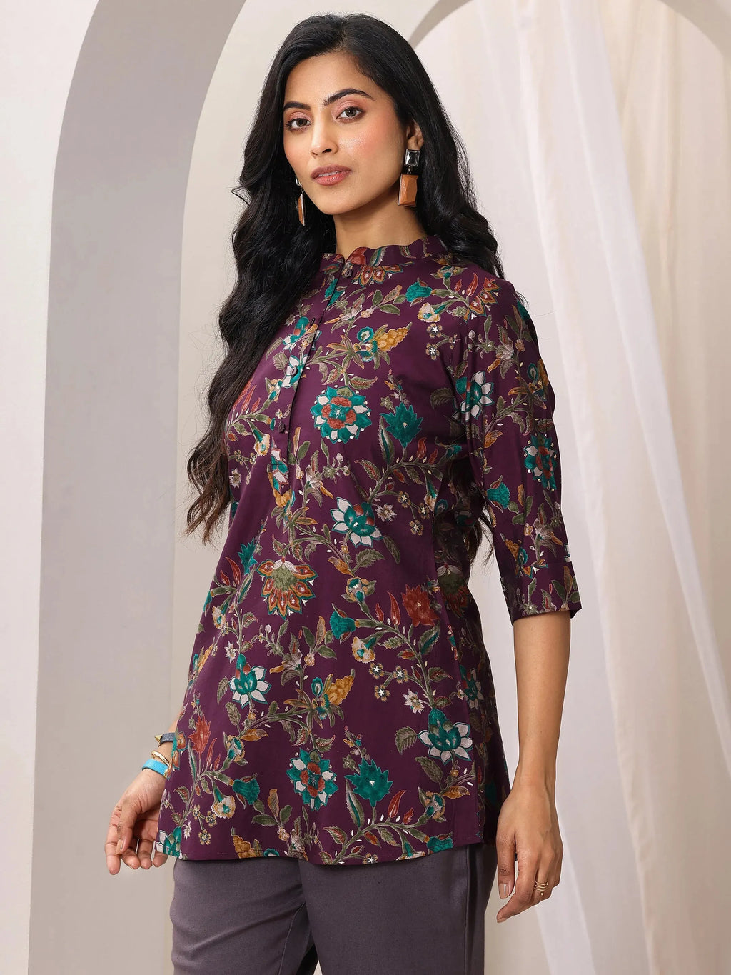 Libas Burgundy Printed Silk Blend Straight Short Kurti