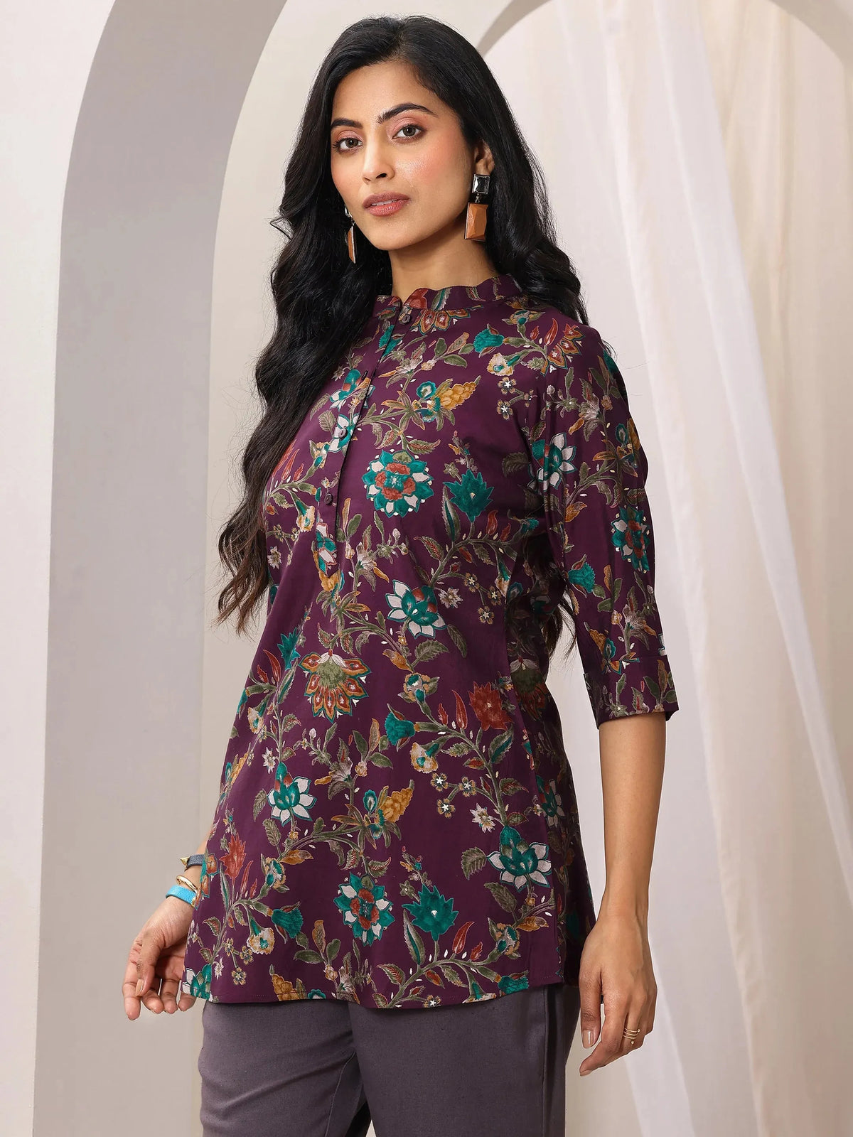 Libas Burgundy Printed Silk Blend Straight Short Kurti