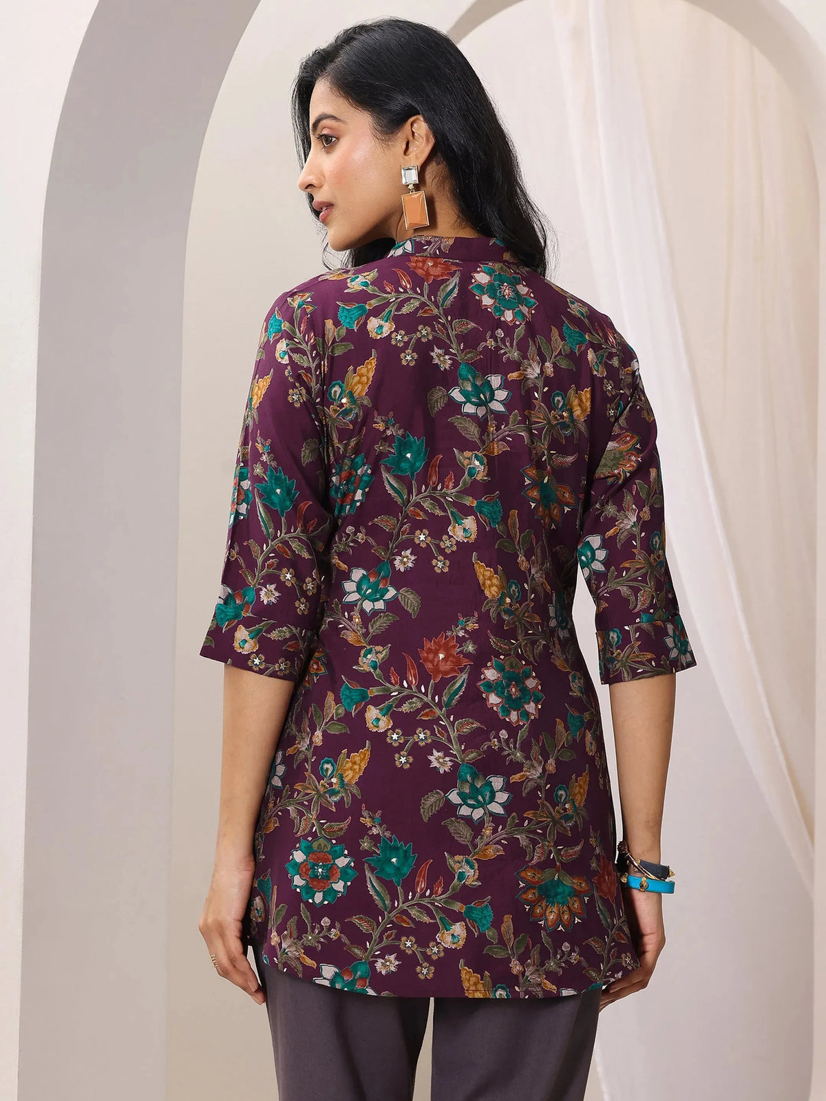 Libas Burgundy Printed Silk Blend Straight Short Kurti
