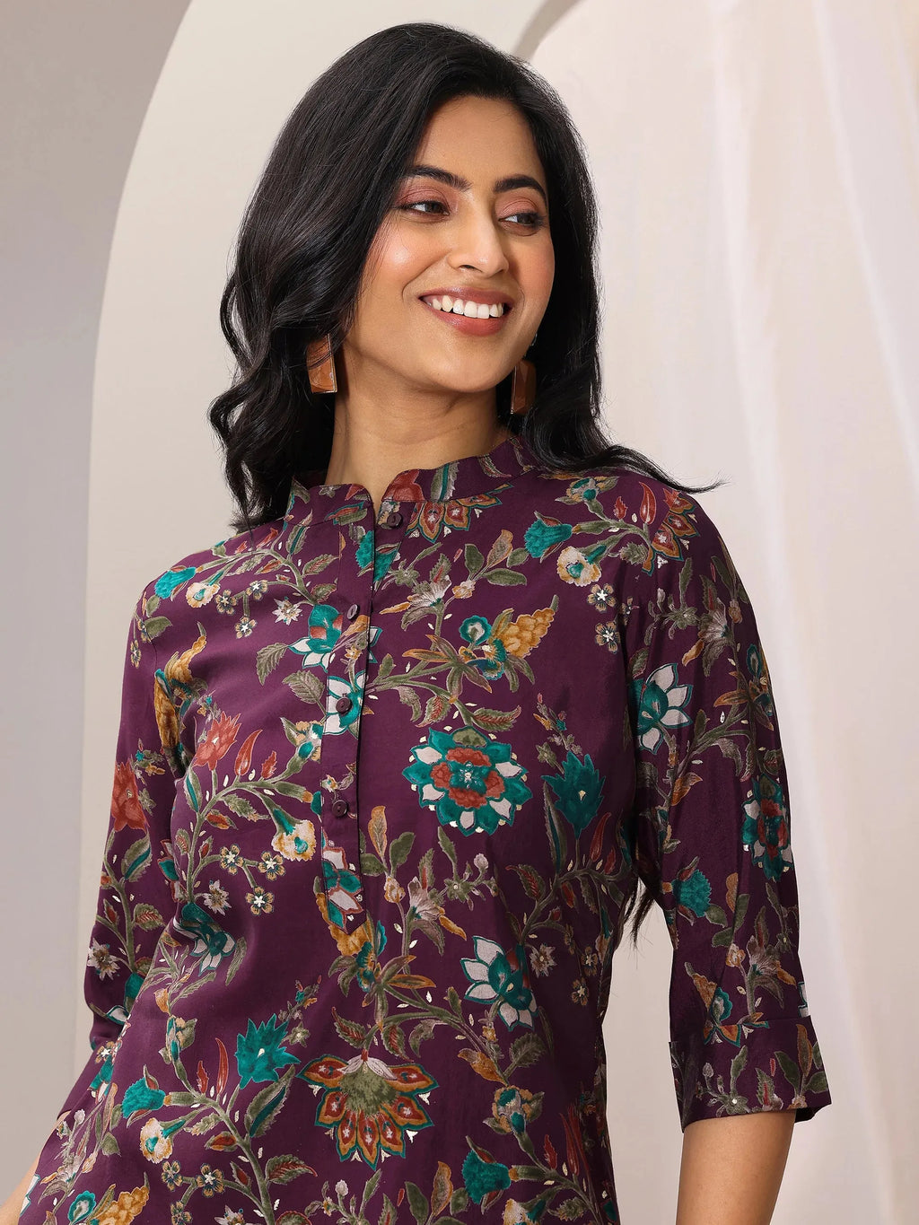 Libas Burgundy Printed Silk Blend Straight Short Kurti
