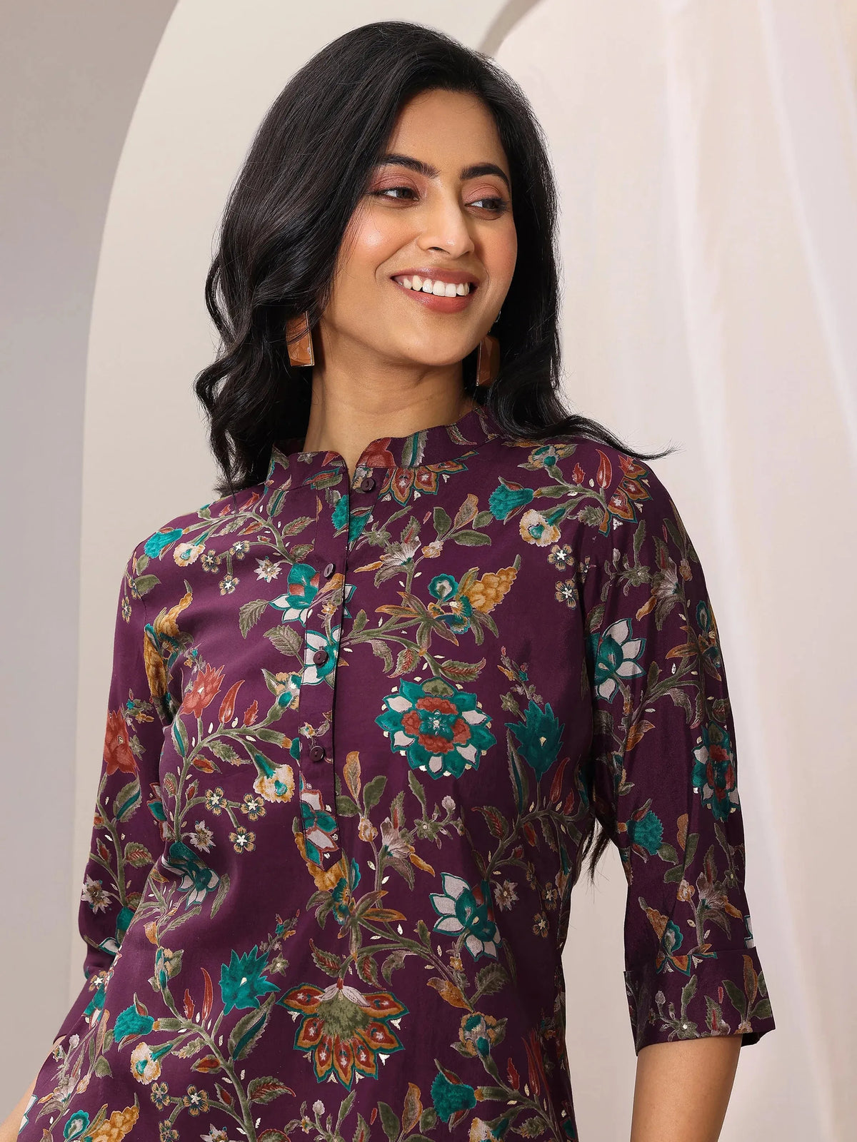 Libas Burgundy Printed Silk Blend Straight Short Kurti