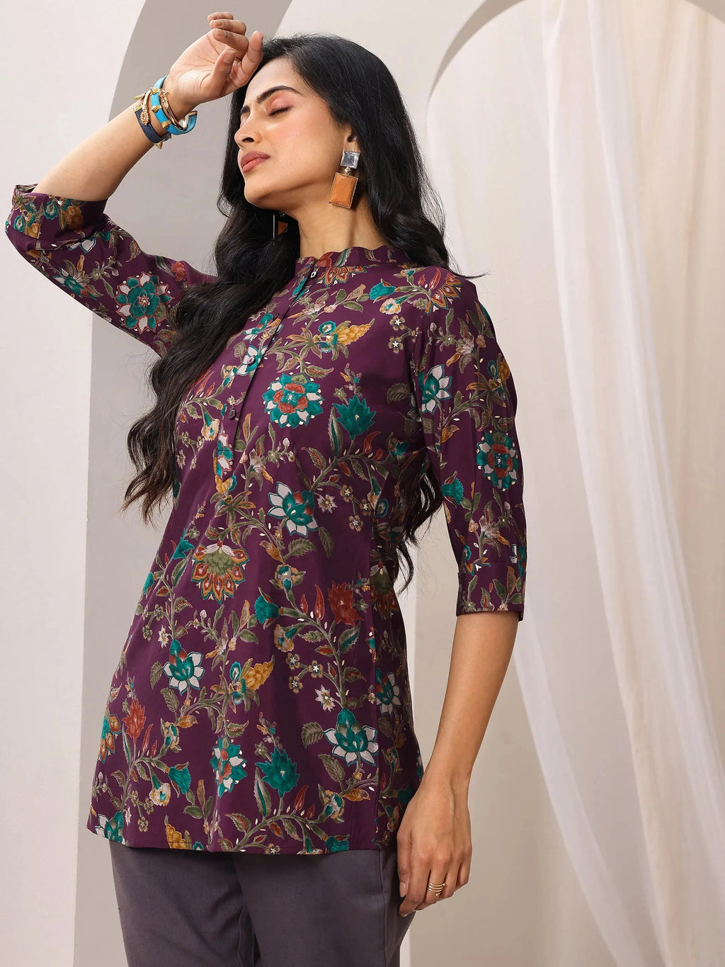 Libas Burgundy Printed Silk Blend Straight Short Kurti