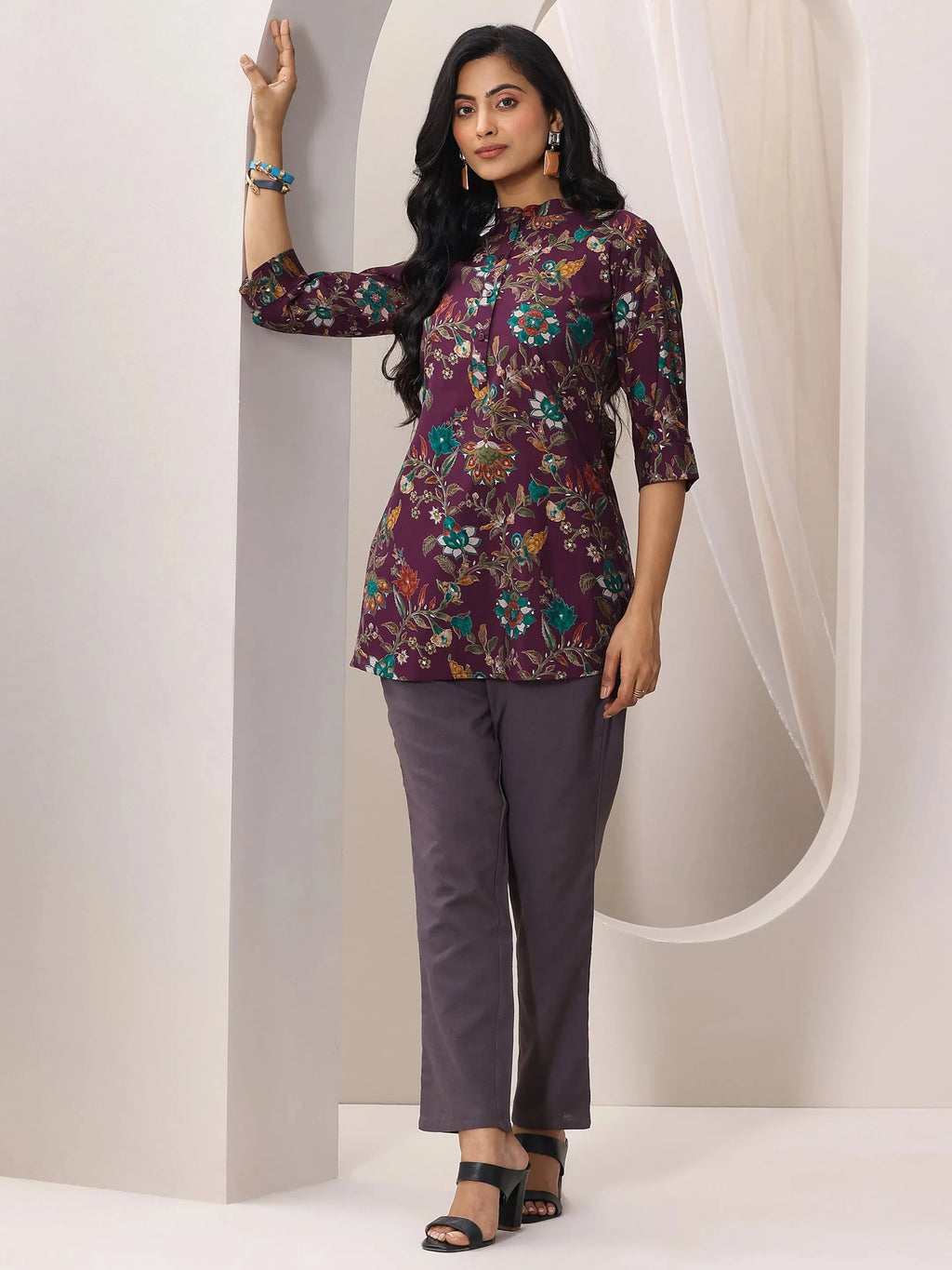 Libas Burgundy Printed Silk Blend Straight Short Kurti