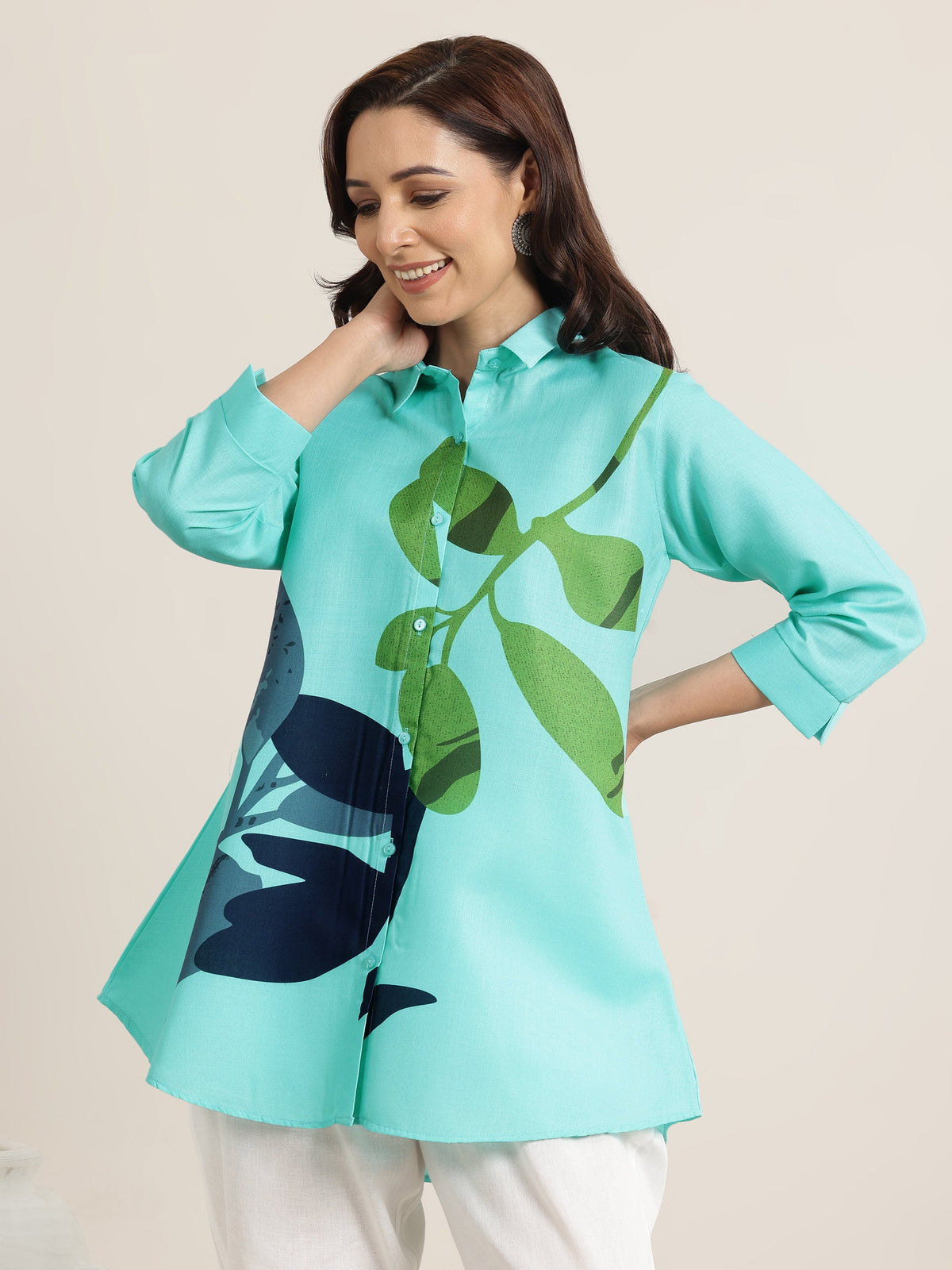 Libas Blue Printed Cotton Blend Shirt