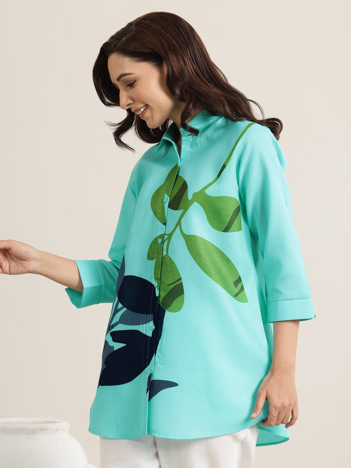 Libas Blue Printed Cotton Blend Shirt