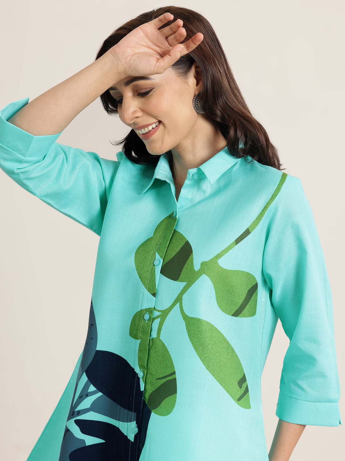 Libas Blue Printed Cotton Blend Shirt