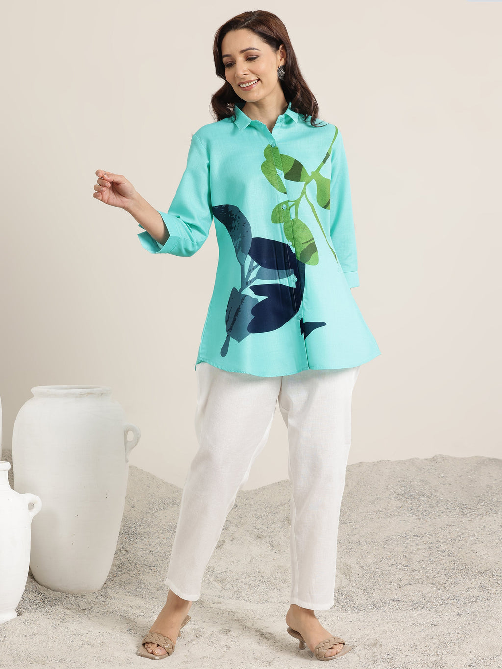Libas Blue Printed Cotton Blend Shirt