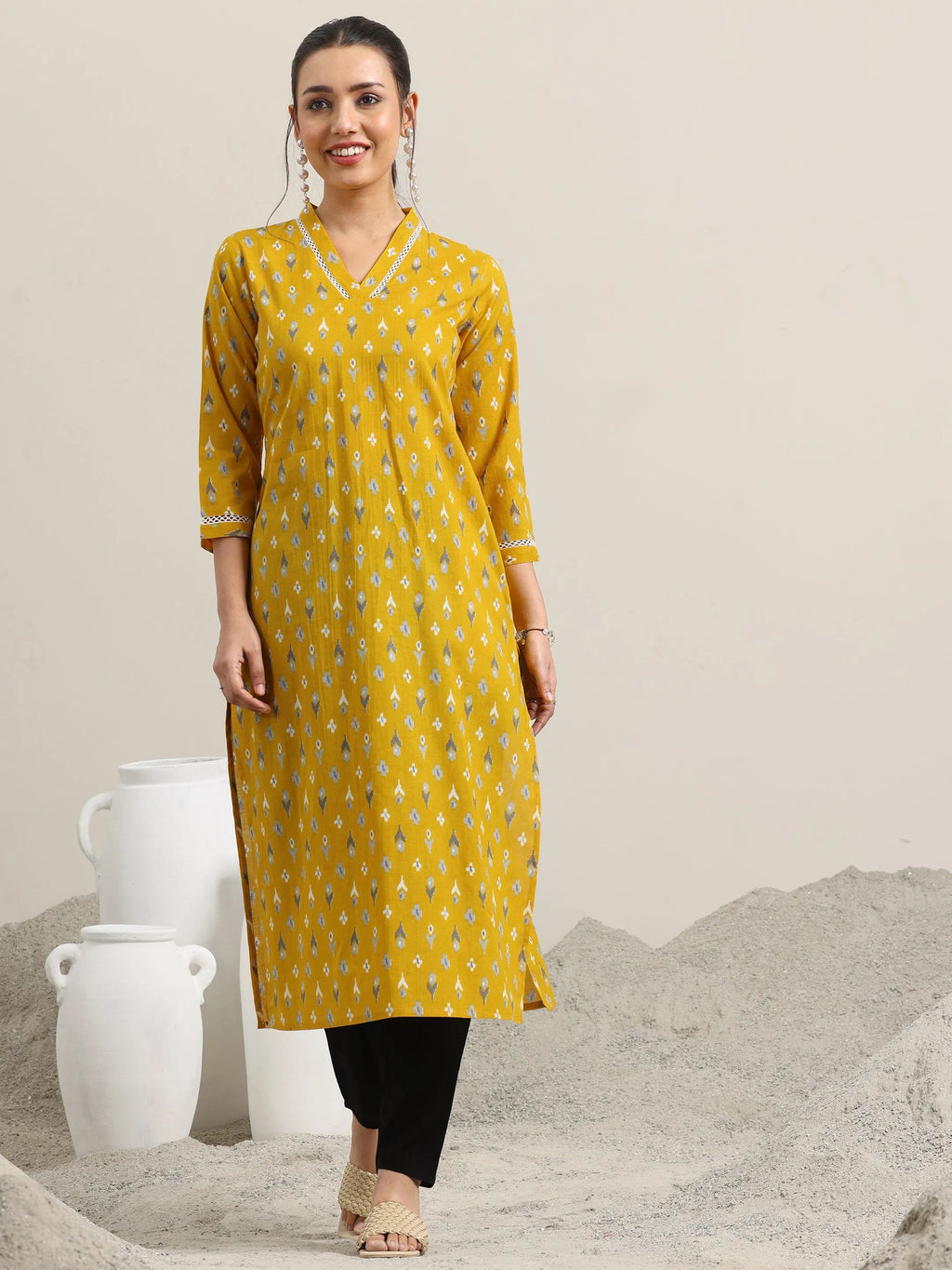 Libas Yellow Printed Cotton Straight Kurta