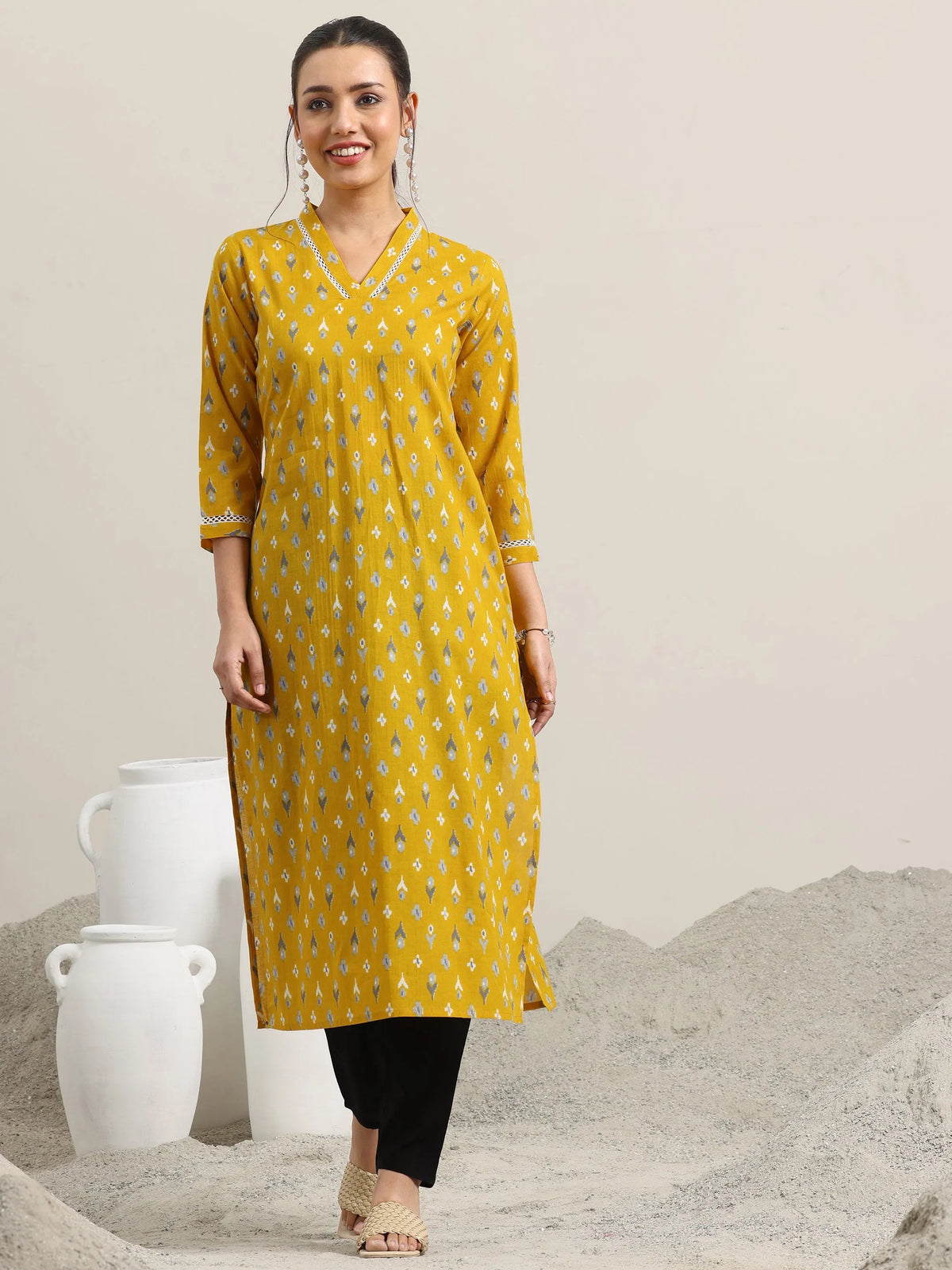 Libas Yellow Printed Cotton Straight Kurta