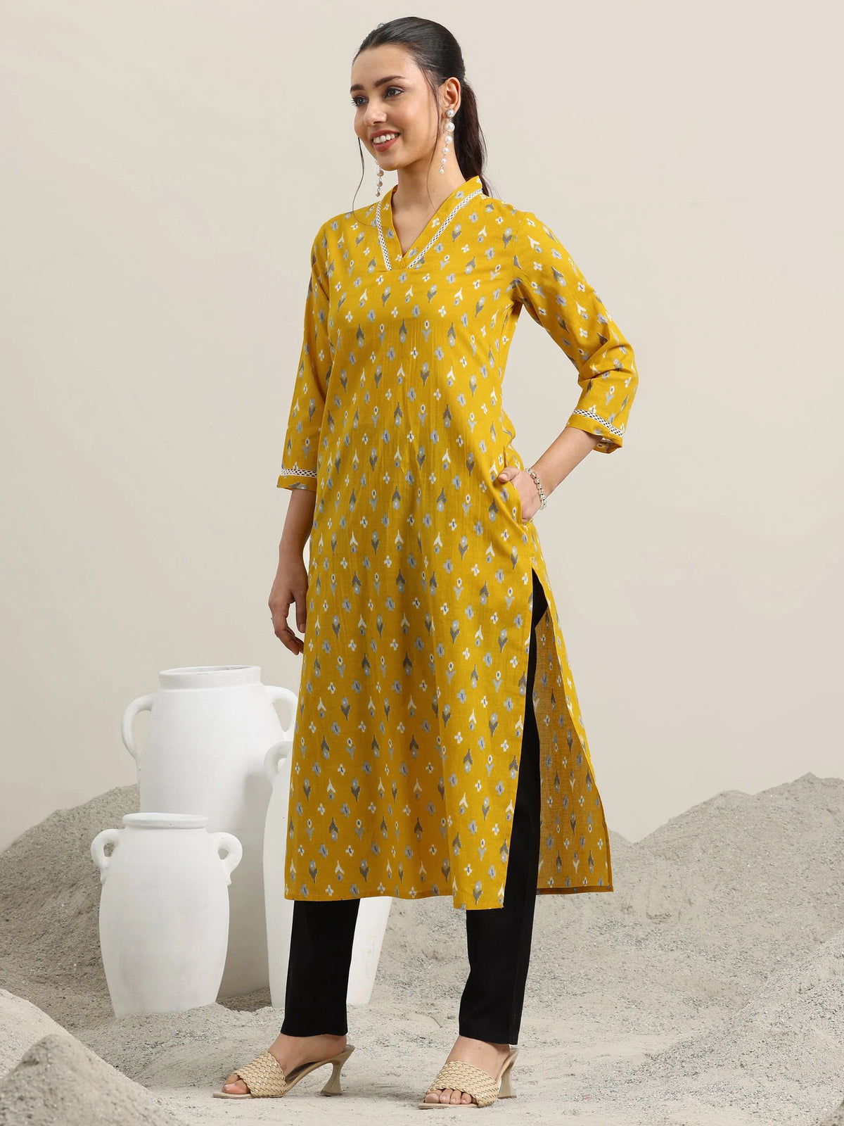 Libas Yellow Printed Cotton Straight Kurta