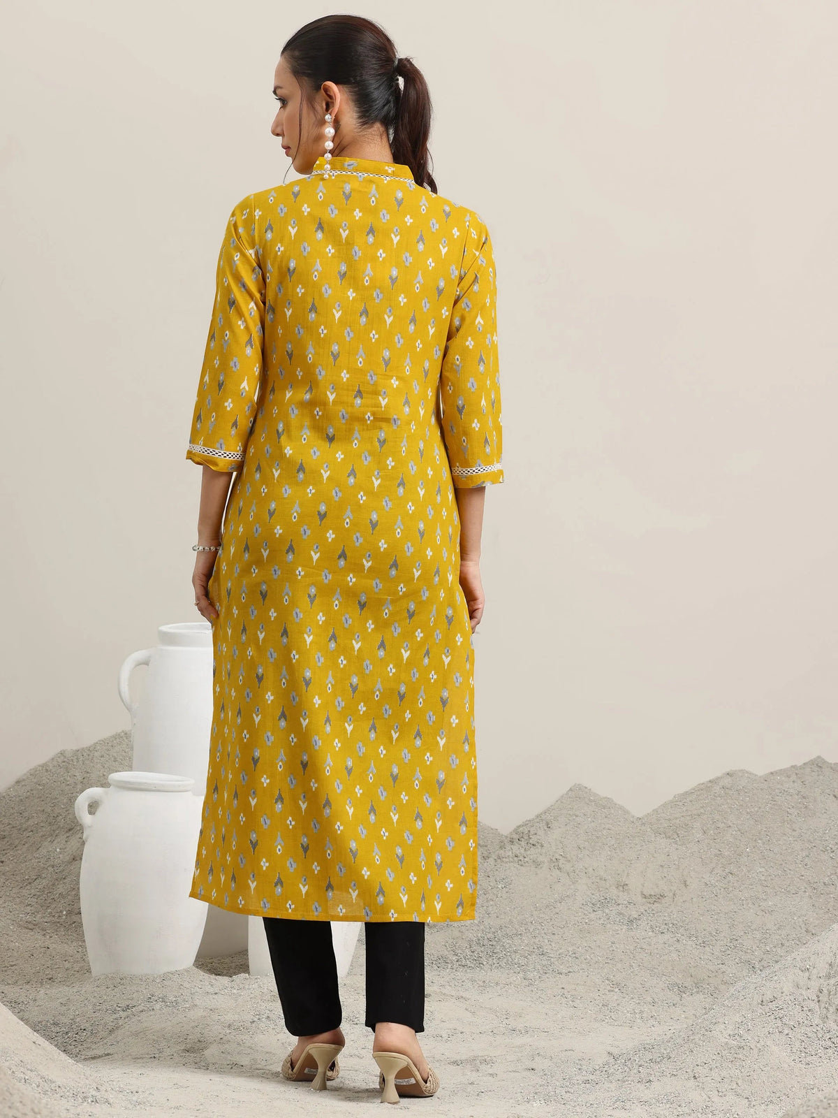 Libas Yellow Printed Cotton Straight Kurta