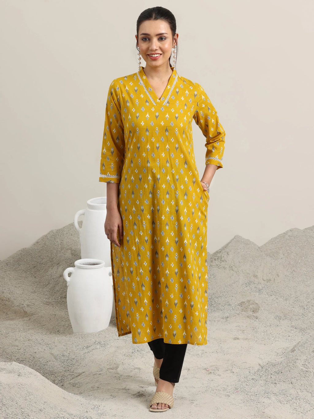 Libas Yellow Printed Cotton Straight Kurta