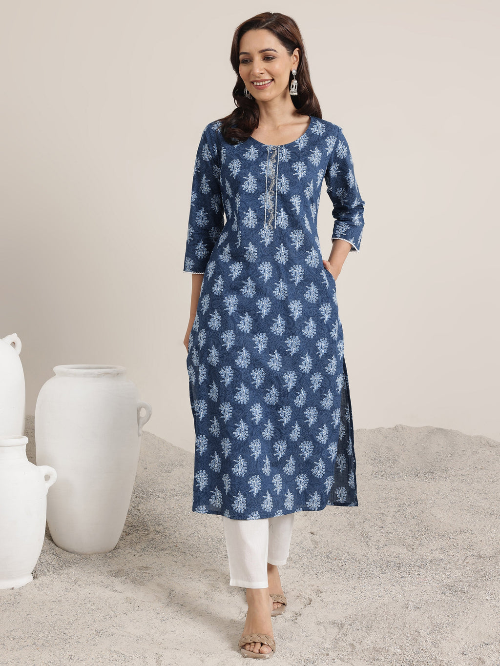 Libas Blue Printed Cotton Straight Kurta