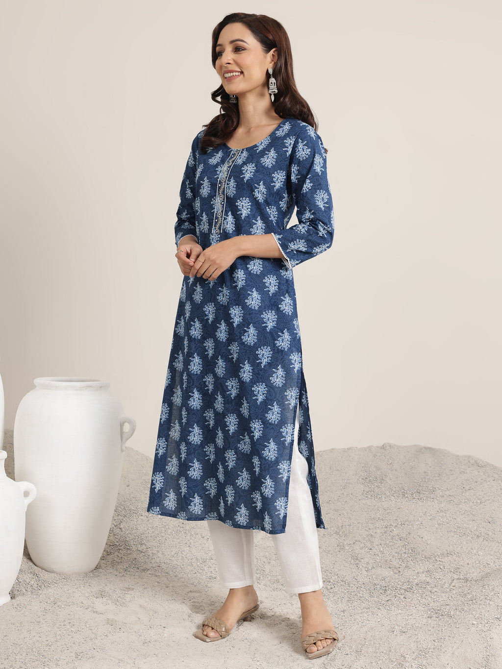 Libas Blue Printed Cotton Straight Kurta