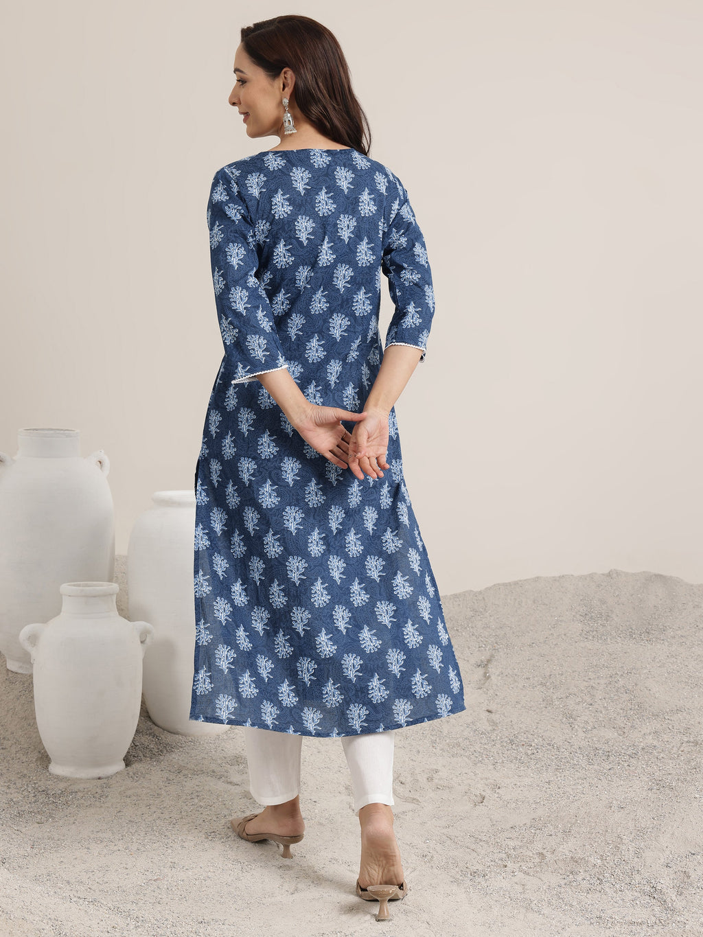 Libas Blue Printed Cotton Straight Kurta