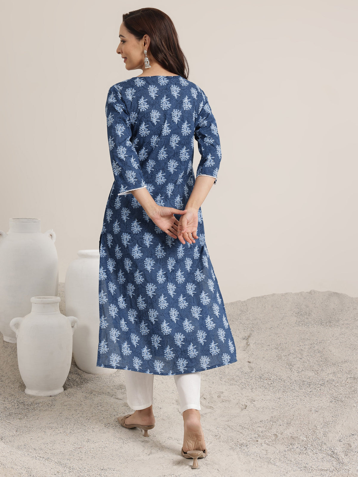 Libas Blue Printed Cotton Straight Kurta