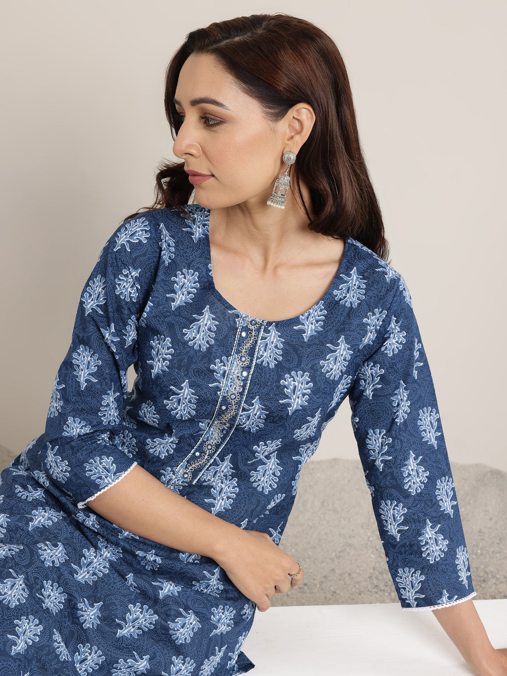 Libas Blue Printed Cotton Straight Kurta