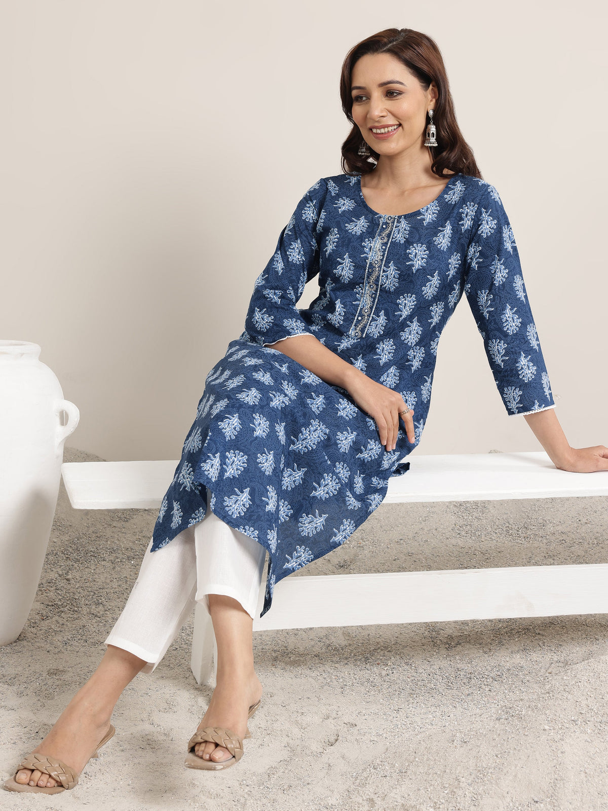 Libas Blue Printed Cotton Straight Kurta