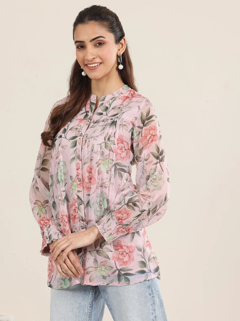 Libas Pink Printed Chiffon Straight Short Kurti
