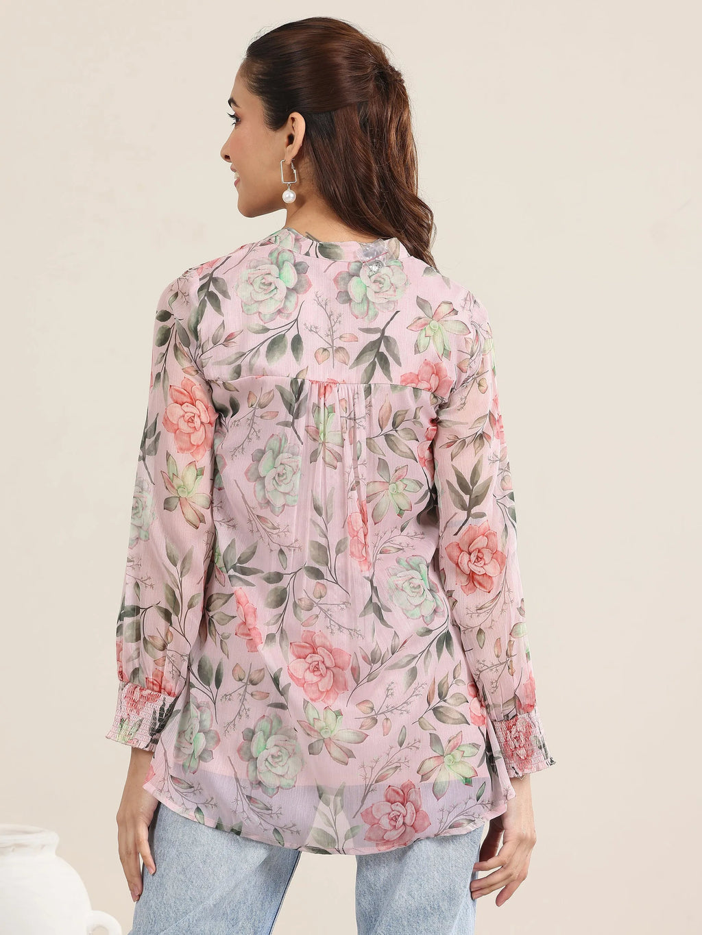 Libas Pink Printed Chiffon Straight Short Kurti