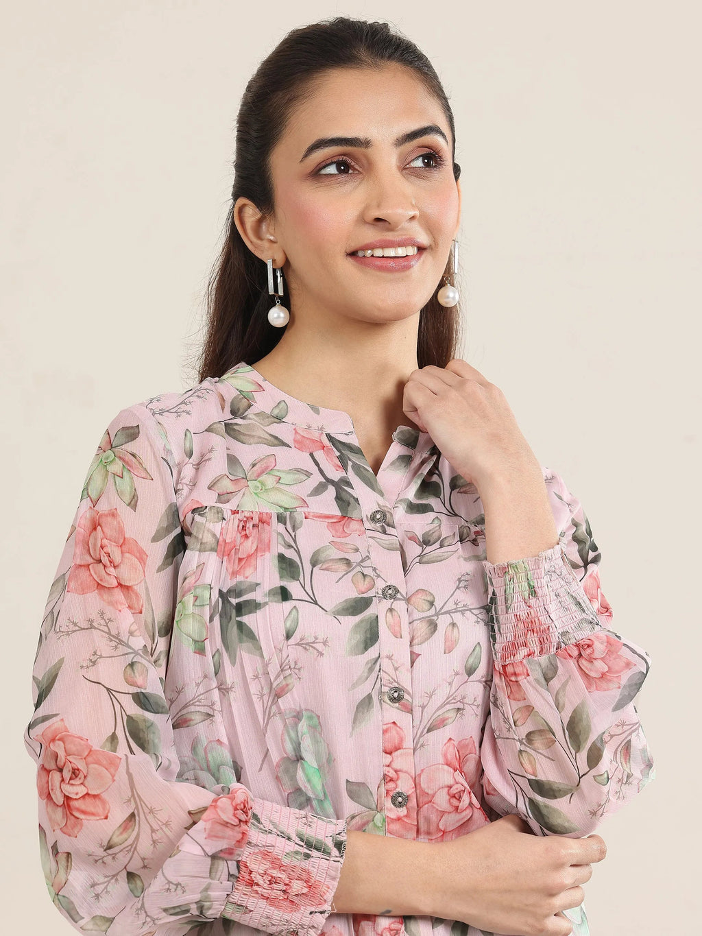 Libas Pink Printed Chiffon Straight Short Kurti
