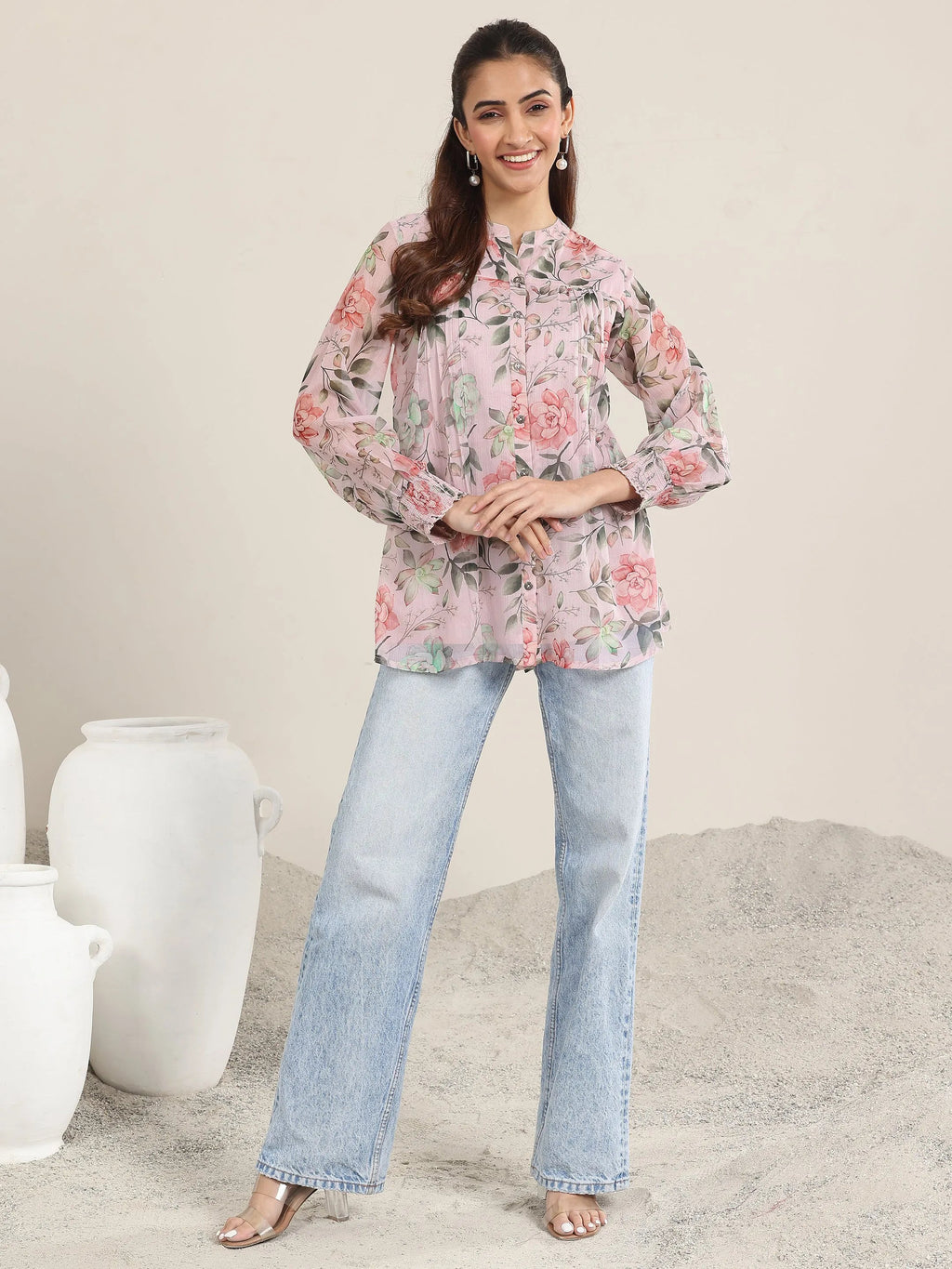 Libas Pink Printed Chiffon Straight Short Kurti