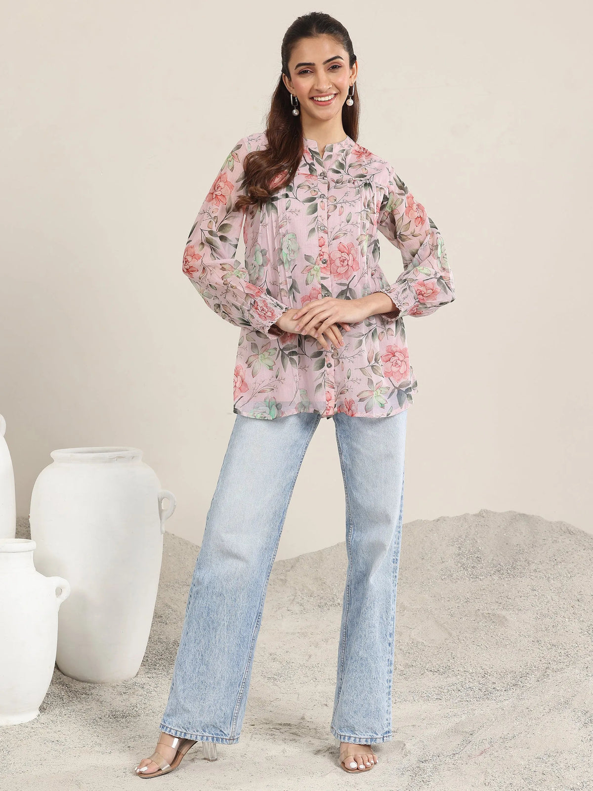 Libas Pink Printed Chiffon Straight Short Kurti
