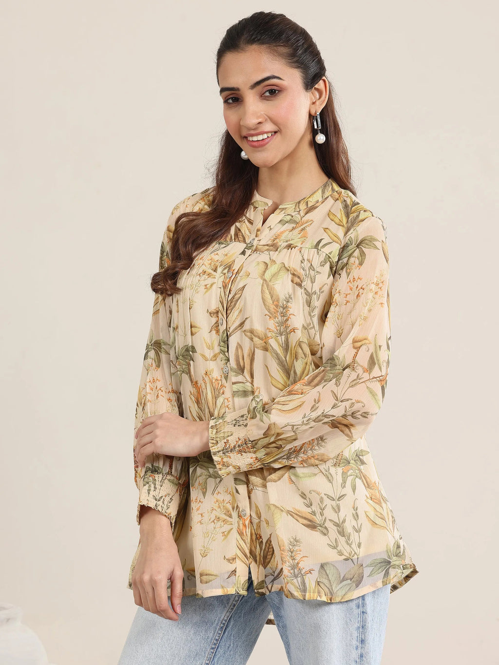 Libas Beige Printed Chiffon Straight Short Kurti