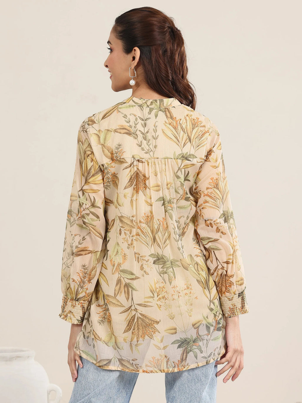 Libas Beige Printed Chiffon Straight Short Kurti