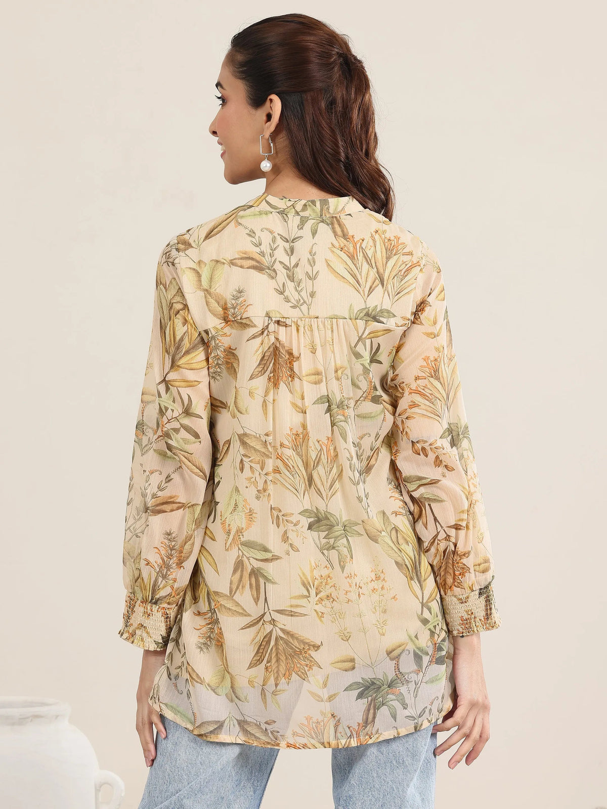 Libas Beige Printed Chiffon Straight Short Kurti
