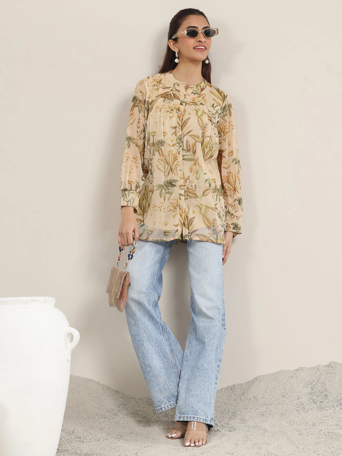 Libas Beige Printed Chiffon Straight Short Kurti