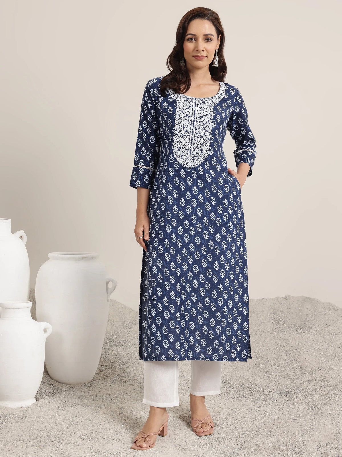 Libas Indigo Printed Silk Blend Straight Kurta
