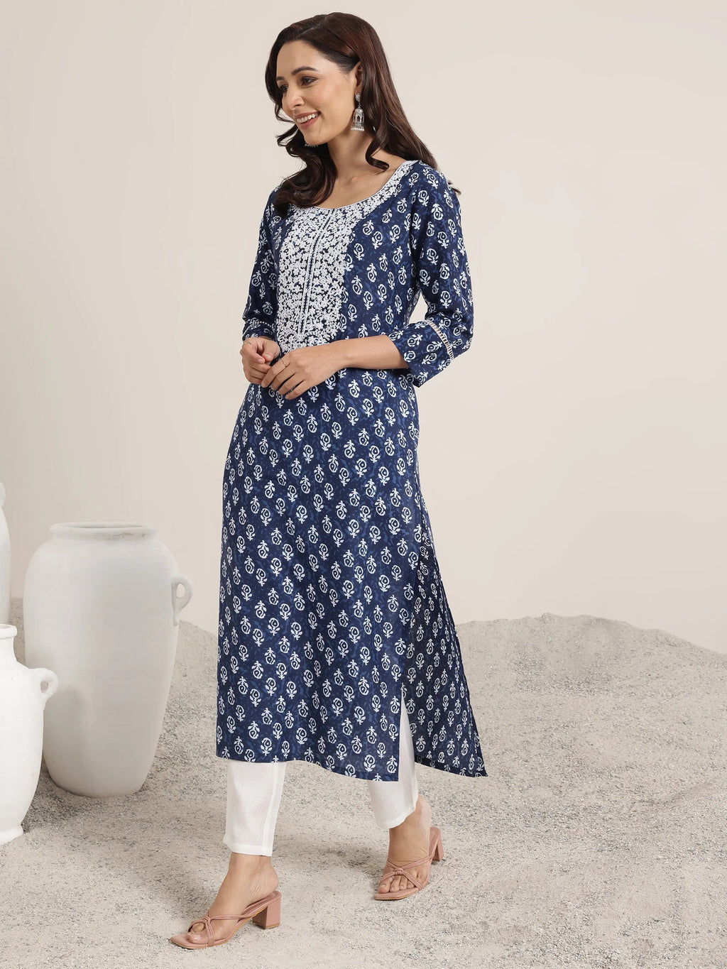 Libas Indigo Printed Silk Blend Straight Kurta