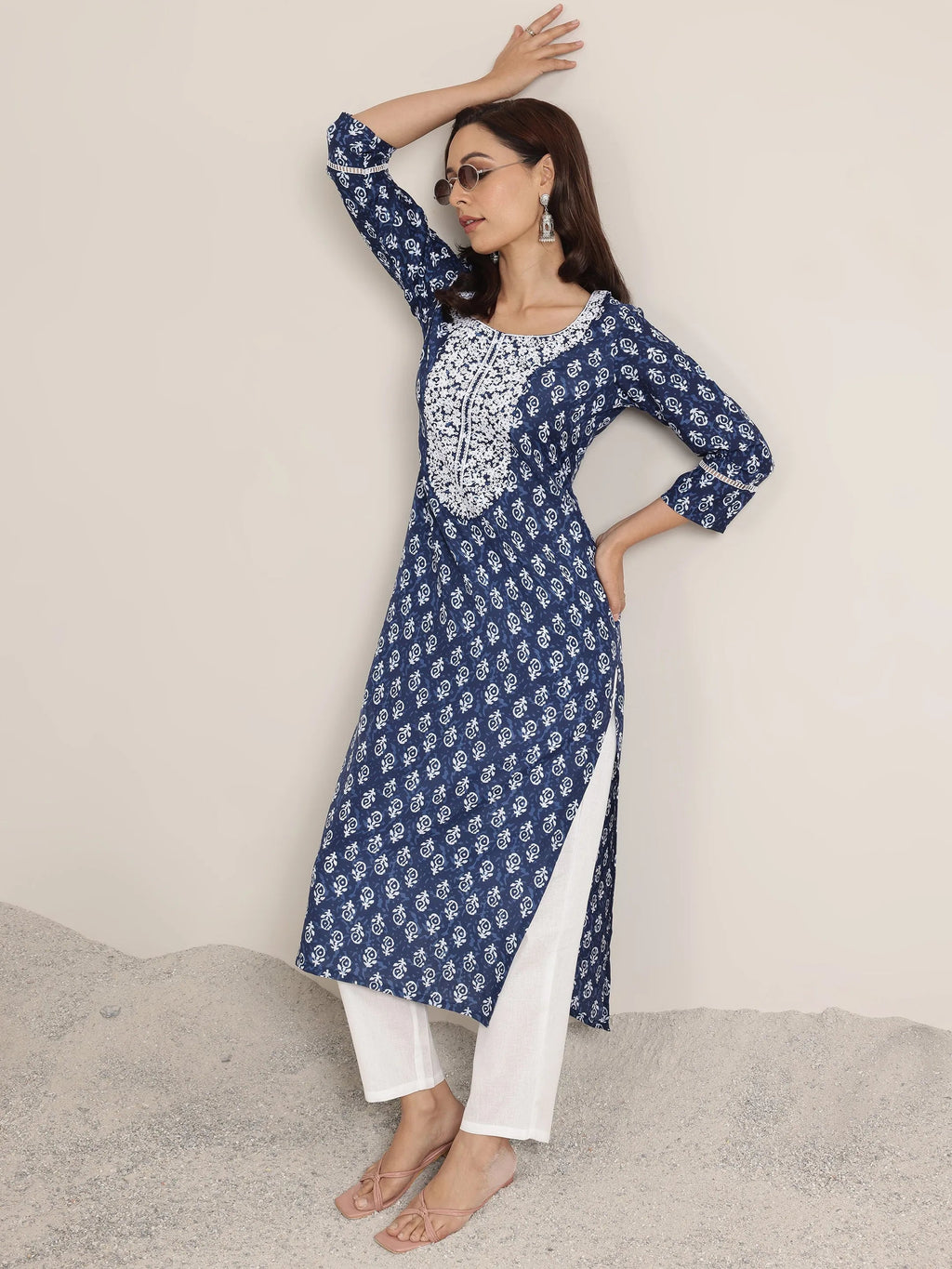 Libas Indigo Printed Silk Blend Straight Kurta