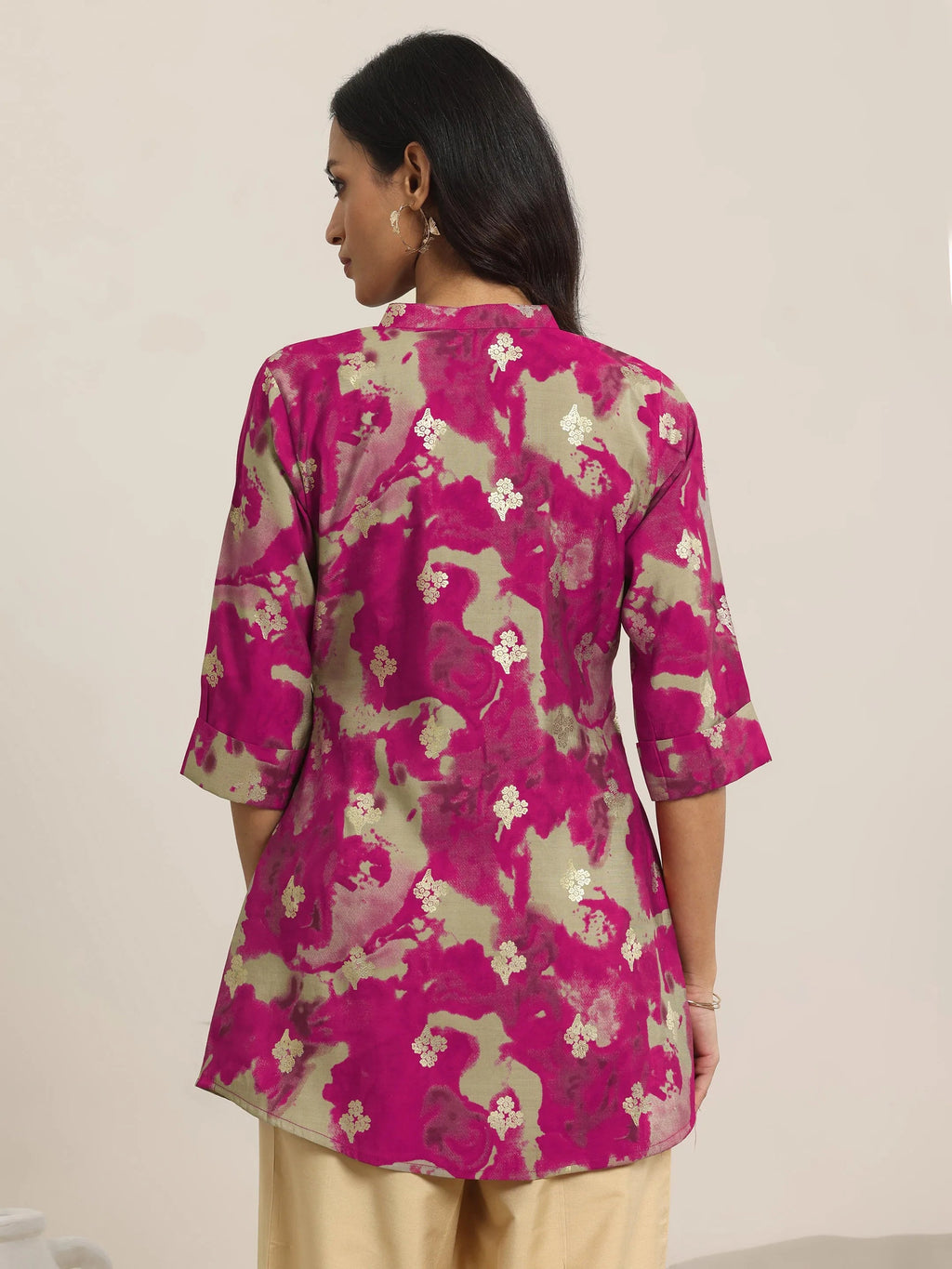 Libas Pink Printed Silk Blend Straight Short Kurti